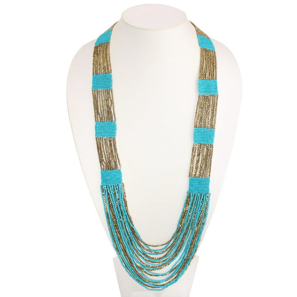 Natural Beaded long Tassel Necklace Onyx Turquoise Gold Boho Beads Amazonite
